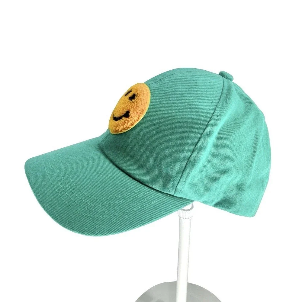 Smiley Face Hat Teal Green Chenille Patch Adjustable Baseball Cap Happy Y2K